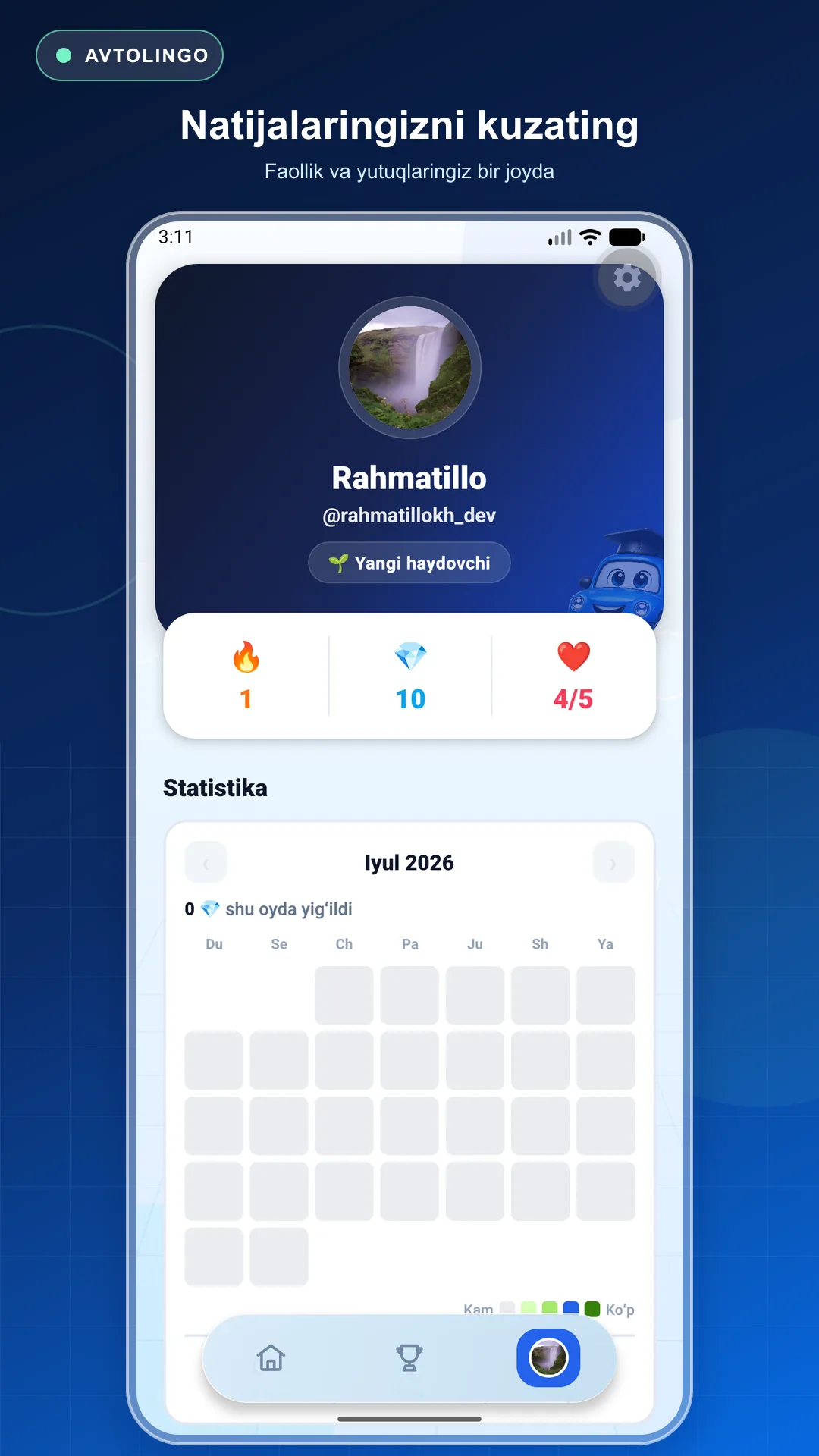 Android uchun Avtolingo profil va statistika ekrani